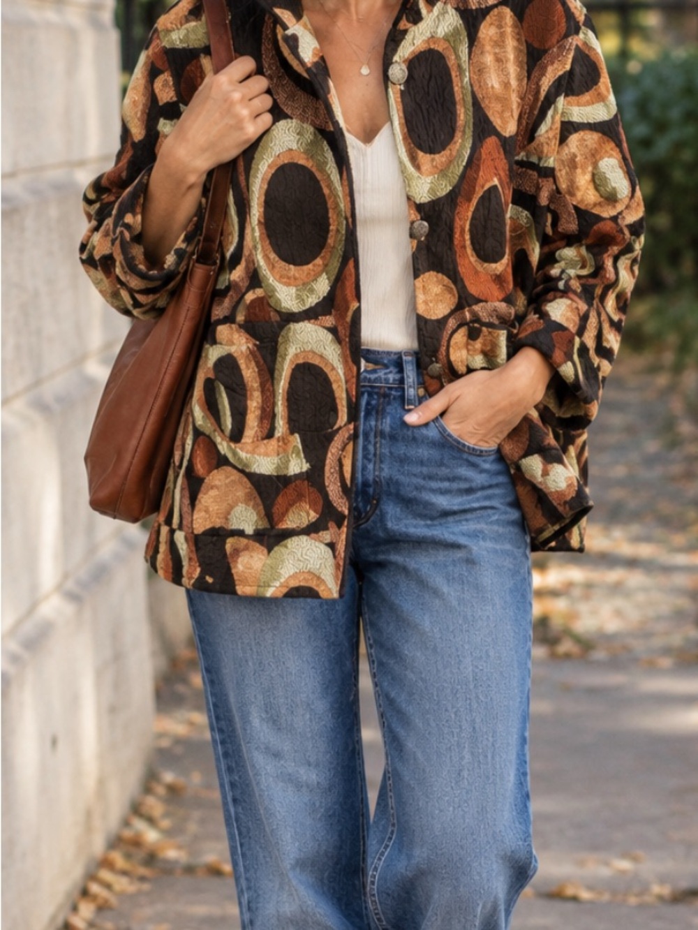 Reversable Textured Circle-Print Stand Collar Jacket - Green & Brown